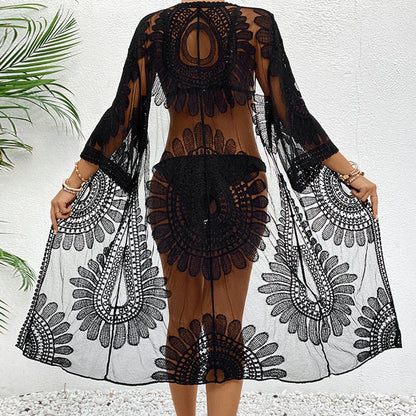 Kimono de plage en dentelle Soléa – Élégance florale et transparente